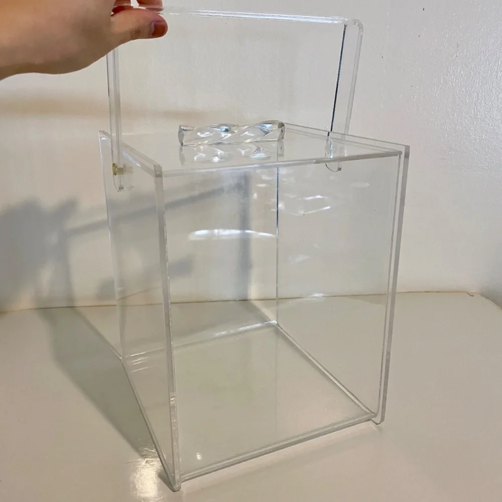 Clear Transparent Lucite Acrylic Rectangular Lidded Box with Handle Vintage MCM